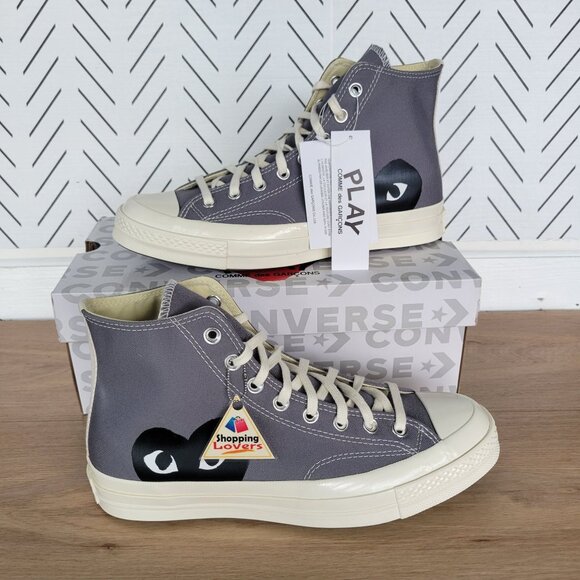 🖤Comme Des Garçons Play Hearts Converse Chuck 70 Hi Mens Shoes 8.5 Gray 171847C - Picture 1 of 10